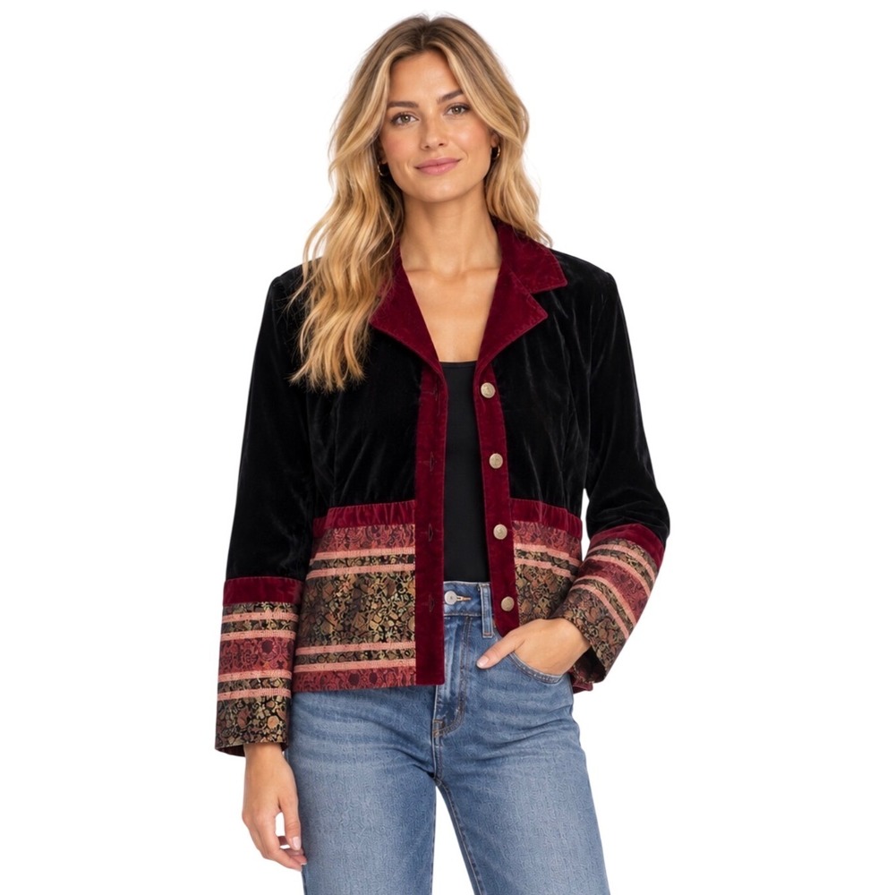 Vintage Coldwater Creek Womens Petite XS Black Velvet Tapestry Trim Jacket 90s
